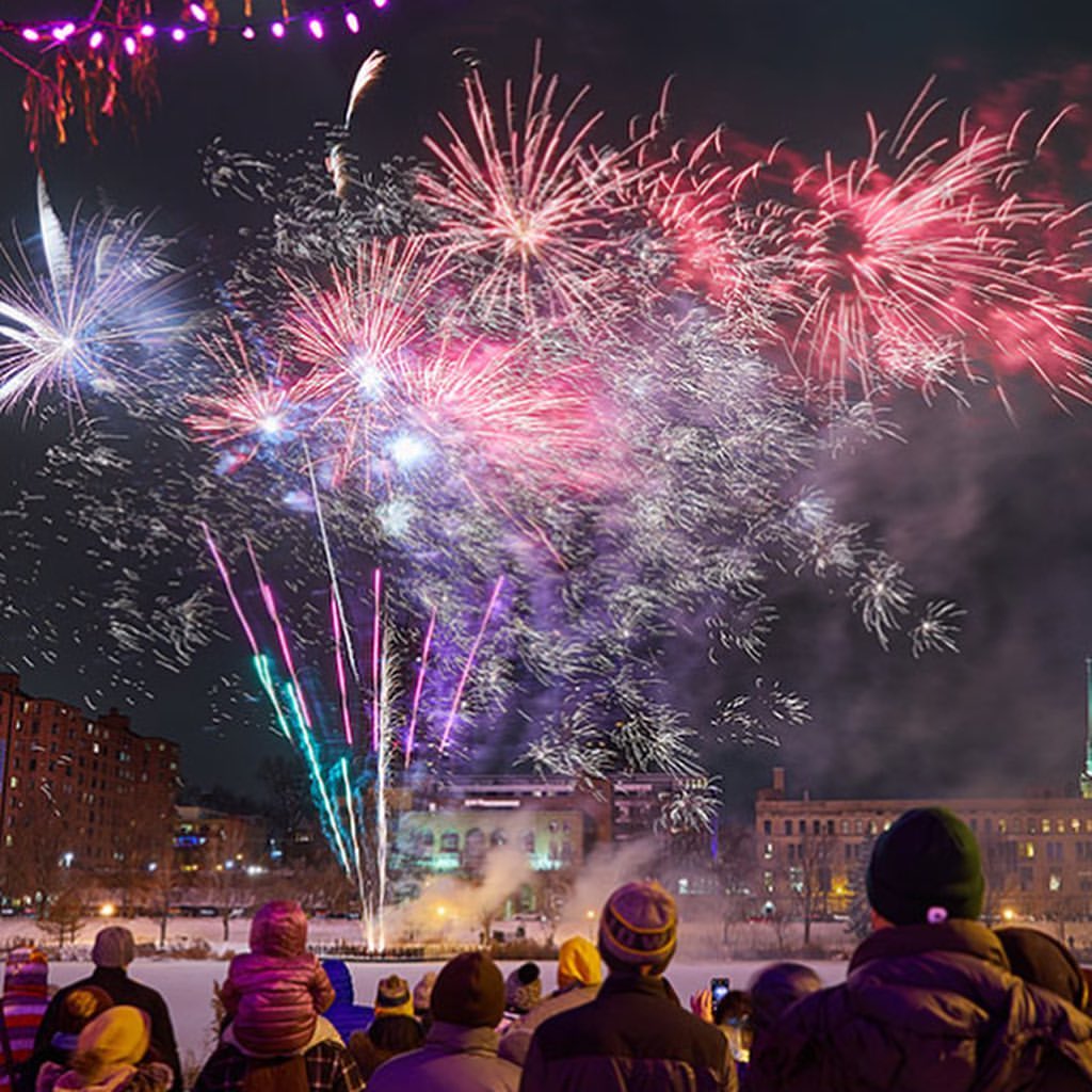 Fireworks at night being watched by a crowd