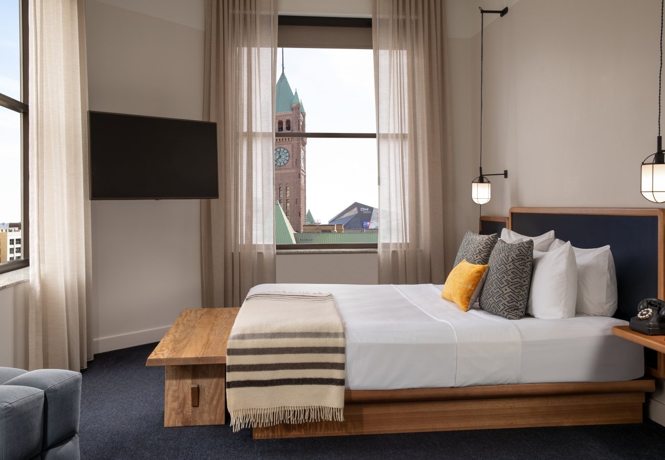 A spacious room with large windows