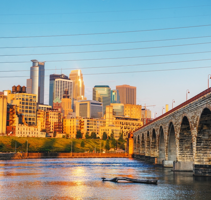 Stone Arch Bridge with the river, and buildings in the background