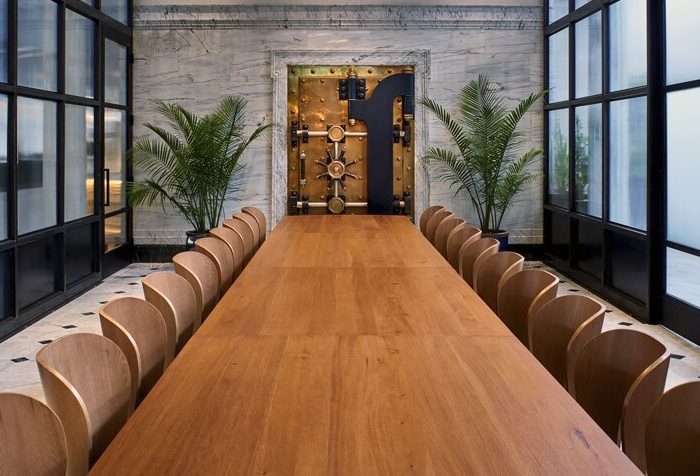 A long conference table in a hotel meeting room at Hotel Emery in Minneapolis, MN