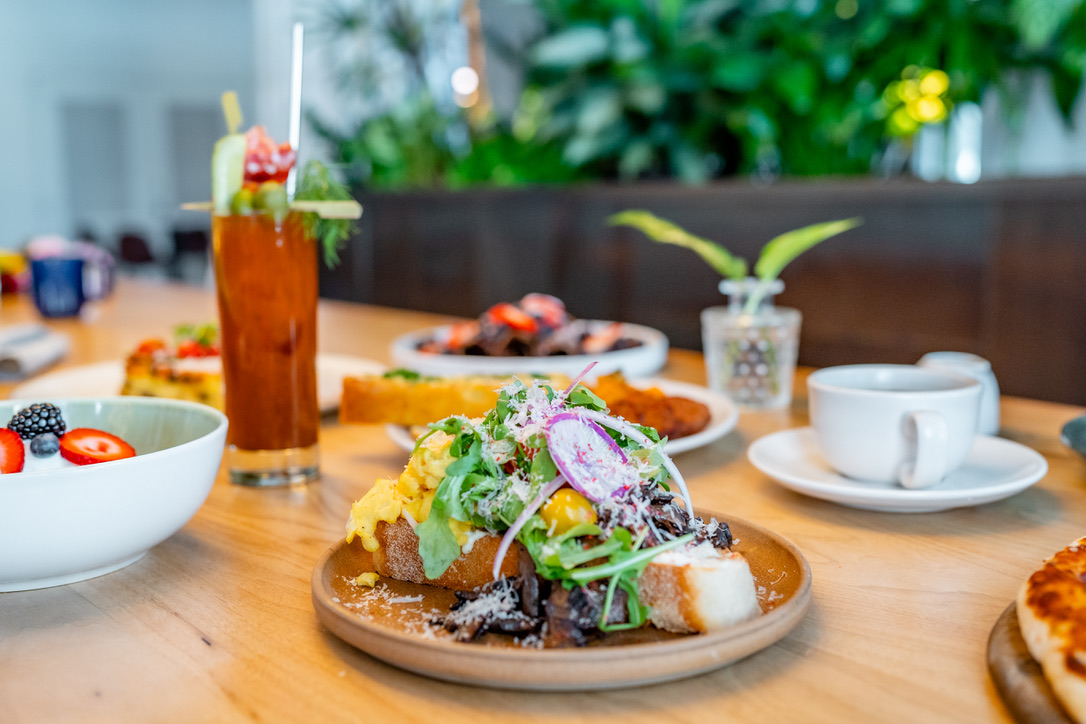 Brunch toast on table with breakfast items